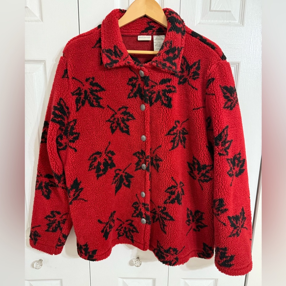 Vintage White Stag Red and Black Leaf Teddy Button Down Jacket size XL